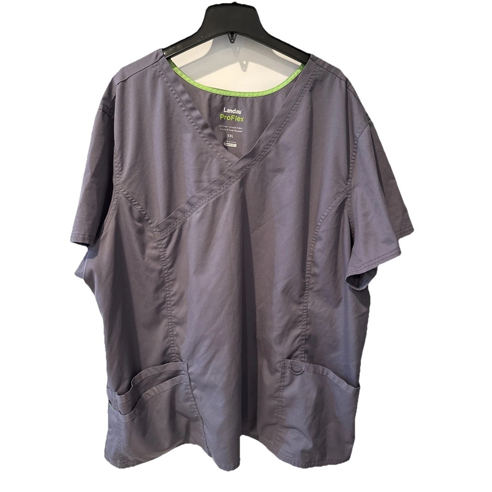 Women's Landau Proflex Scrub Top 5XL  Modern Fit‎ Gray w/Green Soft Feel Stretch